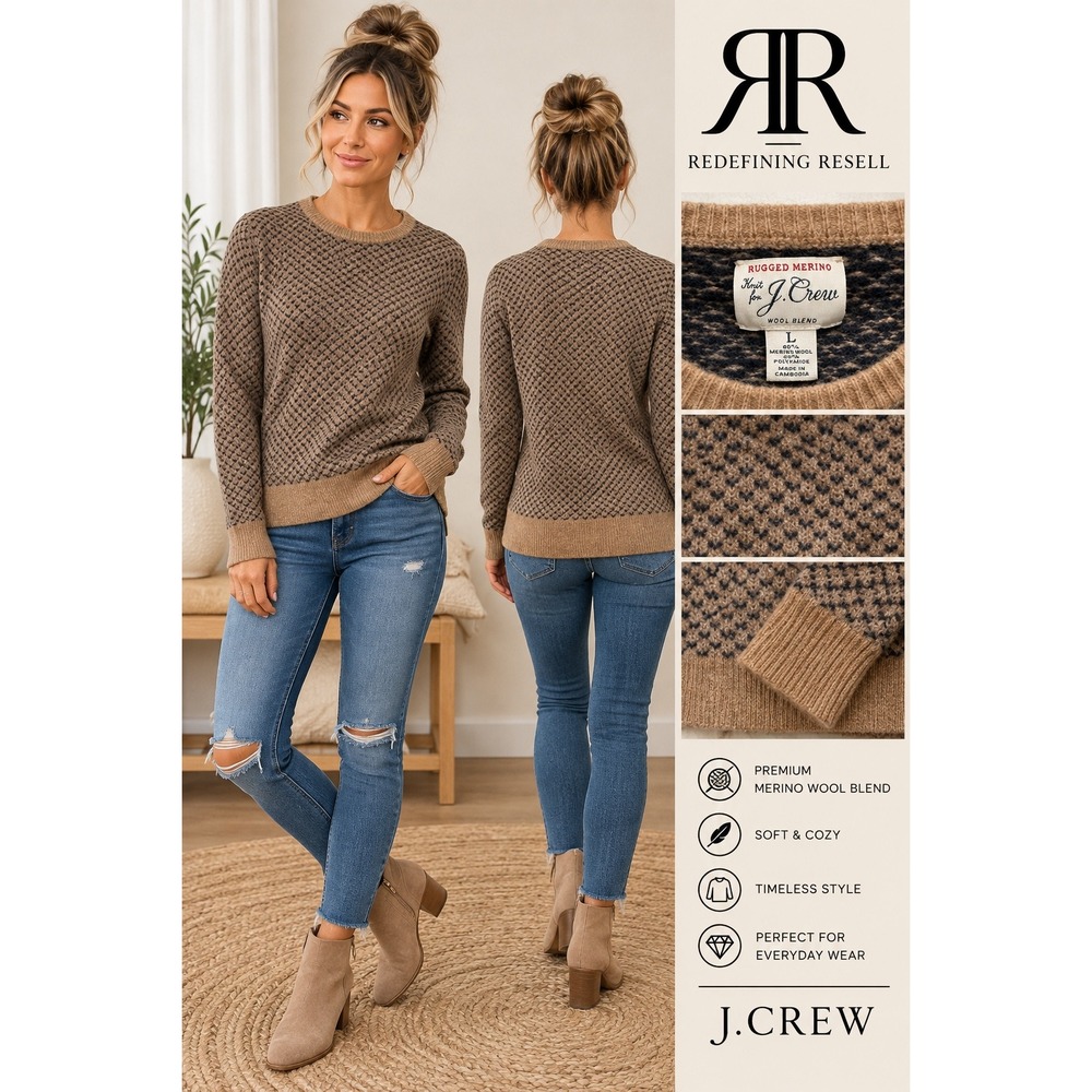 J.Crew Rugged Merino Wool Blend Birds Eye Knit Crewneck Sweater Tan Navy Large